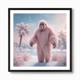 Digital Oil, Ape Wearing A Winter Coat, Whimsical And Imaginative, Soft Snowfall, Pastel Pinks, Blue (3) Art Print