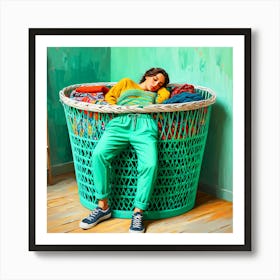 Woman Sleeping In A Laundry Basket Art Print