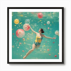 Woman Floating In The Water With Ballons and Flowers Art Print