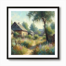 Eastern Europe (Slavic) Village In The Woods, Acrylic Painting Style Art Print