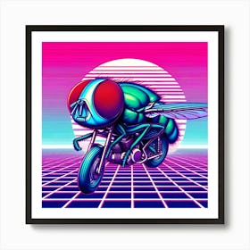 An Image Of A Fly Riding A Motorbike In A Vaporwave, With A Wide Angle View 1 Art Print