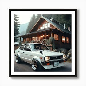 A 1981 White Toyota Corolla Gli Twin Cam With Full Body Kit In Front Of A Cabin House 2 Art Print