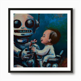 Oil Painting Of Robot Raising A Kid Art Print