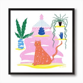 Space Cat Orange In Pink Square Art Print