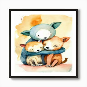 Watercolor Of Two Dogs Hugging Art Print