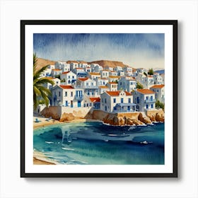 Blue Houses On The Beach.Summer on a Greek island. Sea. Sand beach. White houses. Blue roofs. The beauty of the place. Watercolor. Art Print