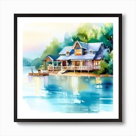 Watercolor Of A House On The Lake Art Print