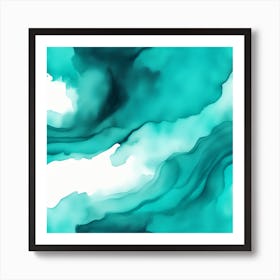 Beautiful teal cyan abstract background. Drawn, hand-painted aquarelle. Wet watercolor pattern. Artistic background with copy space for design. Vivid web banner. Liquid, flow, fluid effect. Art Print