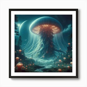 Enchanting Fantasy Art: Gigantic Mithril Jellyfish, Moonlit Mushroom Forest | 8K Cinematic Matte Painting in Unreal Engine 5 Art Print