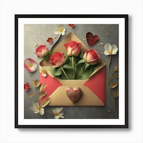 An open red and yellow letter envelope with flowers inside and little hearts outside 3 Art Print