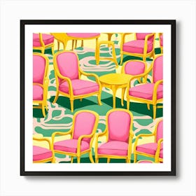 Pink Chairs on Green Background Art Print