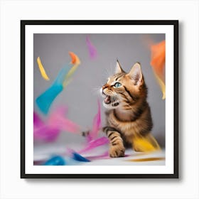 Bengal Kitten Playing With Colorful Feathers 3 Art Print