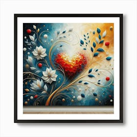 Heart Painting and flowers acrylic art Art Print