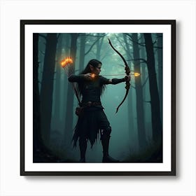 Mystical Elven Archer With Glowing Arrows In A Dark Forest 1 Art Print