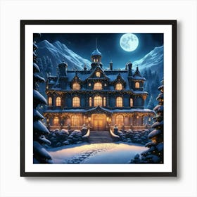 Christmas House At Night Art Print