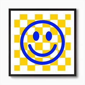 Smiley Face On Checkerboard Yellow Art Print