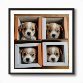 4 Puppies Peeking Out Of Boxes Art Print