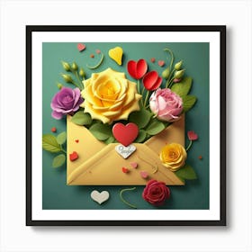 An open red and yellow letter envelope with flowers inside and little hearts outside 13 Art Print