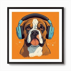 Boxer Dog with Headphones Art Print