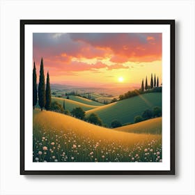 Romantic Watercolor Sunset Over The Italian Countryside With Rolling Hills 1 Art Print