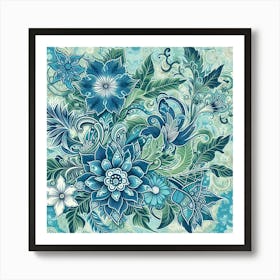 Batik, Blue Floral Pattern 1 Art Print