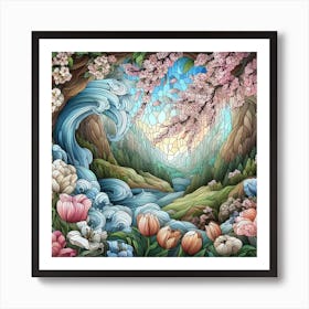 Tulips And Waterfall Art Print