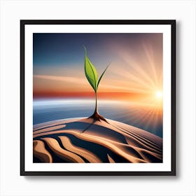 Plant Growing On A Sand Dune At Sunset Art Print