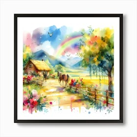 Watercolor Of A Farm With Horses Art Print