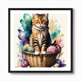 Cat In A Basket Print, authentic Affiche