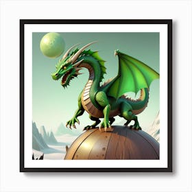 green woody dragon on round planet Art Print
