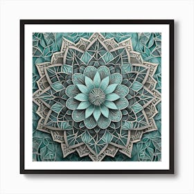 Firefly Beautiful Modern Detailed Floral Indian Mosaic Mandala Pattern In Gray, Teal, Marine Blue, S (1) Art Print