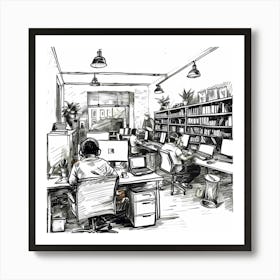 Sketch Of People Working At Desks Art Print