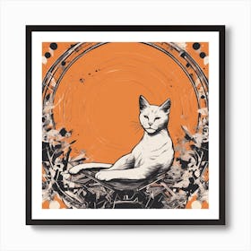 A Silhouette Of A Cat Wearing A Black Hat And Laying On Her Back On A Orange Screen, In The Style Of (3) Art Print