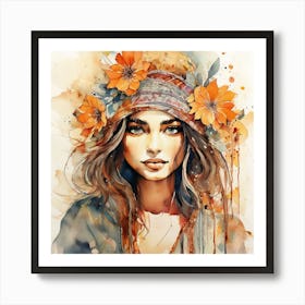 Watercolor Of A Girl With Flowers Art Print