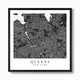 Queens New York Minimal Black Mono Street Map  Square Art Print