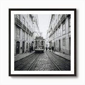 Black And White Photo Lisbons Vintage Tramway Weaving Through Narrow Historic City Streets Tram D (1) Art Print