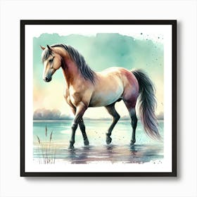 A graceful horse standing by a lake in watercolor painting art Art Print