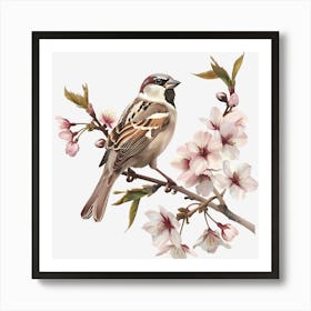 Sparrow In Cherry Blossoms Art Print