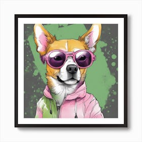 Beguiling Watercolor Painting, Watercolor Texture, A Dog Wearing Sunglasses And A T Shirt, In The St (1) Art Print