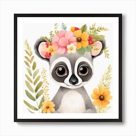Floral Baby Lemur Nursery Illustration (19) Art Print