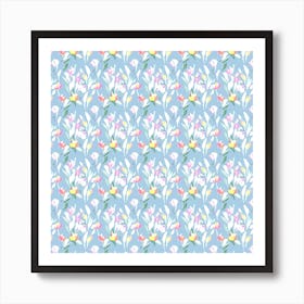 Flowers On A Blue Background Art Print