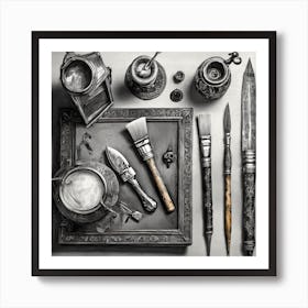 Firefly A Masculine Vintage Italian Inspired Flatlay Of A Creative Workspace For Oil Painting, Styli (2) Art Print