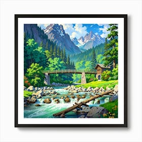 Mountain Scene With A Bridge Art Print