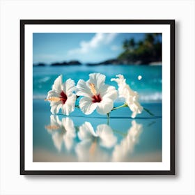Blue Sea Reflections with White Hibiscus Flowers 1 Art Print