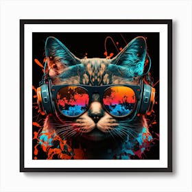 Cat With Headphones Art Print