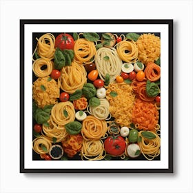 Pasta And Vegetables On Black Background Art Print