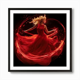 Digital Illustration Of A Beautiful Woman With Blond Hair In Red Dress With Red Round Circle Around Her Art Print