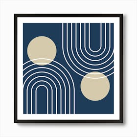 Mid Century Modern Geometric In Navy Blue And Beige (Rainbow And Sun Abstract) 02 Art Print
