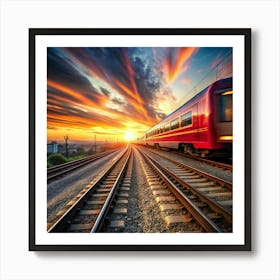 Train On The Tracks At Sunset Affiche