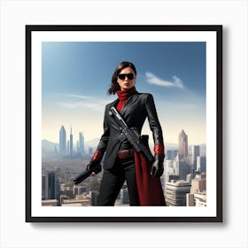 The Image Depicts A Woman In A Black Suit And Helmet Isstanding In Front Of A Large, Modern Cityscape 3 Art Print